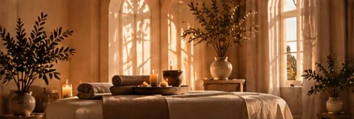 Cabinet de soin lumineux avec table de massage, bougies et plantes à Herblay-sur-Seine
